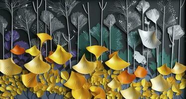 3d bunt Illustration von Ginkgo Blätter, Reh, und Blätter im dunkel Hintergrund. minimalistisch handgemalt Segeltuch Kunst Mauer Rahmen Dekor, generieren ai foto