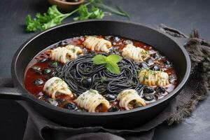 traditionell Italienisch Spaghetti al Nero di seppia mit Tintenfisch Tinte im Tomate Soße serviert wie Nahansicht im ein Gusseisen schwenken auf ein hölzern Planke, generieren ai foto