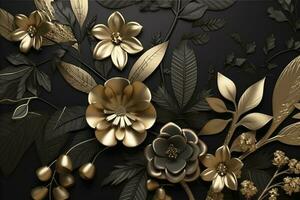 3d Wandgemälde Blumen- Hintergrund. golden und schwarz Blumen und Blätter. 3d machen Hintergrund Mauer Dekor, generieren ai foto
