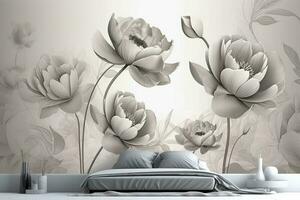 3d Wandgemälde Hintergrund mit einfach Blumen- Gemälde Licht grau Hintergrund. Zeichnung modern Blumen zum Schlafzimmer Dekor, generieren ai foto