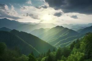 Sonne leuchtenden wolkig Himmel ist auf das Berge , generieren ai foto