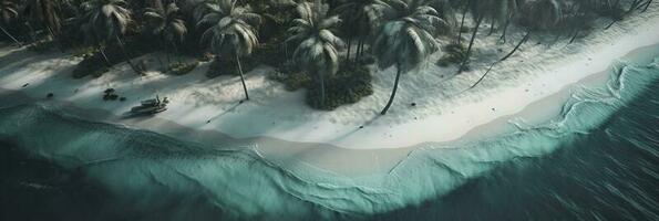 bhanner Größe. Aussicht von über, atemberaubend Antenne Aussicht von Palmen auf das sandig Strand. tropisch Landschaft, Blau Wasser, Wellen, generieren ai foto