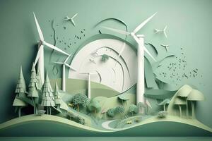 Papier Kunst, verlängerbar Energie mit Grün Energie eine solche wie Wind Turbinen, verlängerbar Energie durch 2050 Kohlenstoff neutral Energie, Energie Verbrauch, und co2, reduzieren co2 Emission Konzept, generieren ai foto