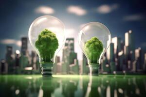 Energie Verbrauch und co2 Gas Emissionen sind zunehmend Licht Glühbirnen mit Grün Öko Stadt, verlängerbar Energie durch 2050 Kohlenstoff neutral Energie, speichern Energie kreativ Idee Konzept, generativ ai. foto