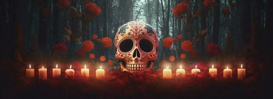 Tag von das tot Schädel. dia de los Muertos. Tag von das tot und Mexikaner Halloween Hintergrund. Mexikaner Tradition Festival. Tag von das tot Zucker Schädel. dia de los Muertos, generieren ai foto