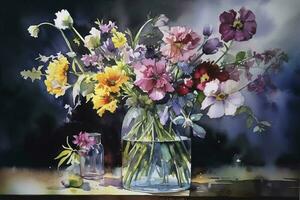 verwenden Aquarell zu erstellen ein Blumen- immer noch Leben, arrangieren anders Blumen im ein Vase oder auf ein Tabelle und Erfassen ihr Schönheit im ein detailliert und realistisch malen, generieren ai foto