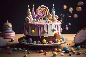 Feier Party Geburtstag Kuchen mit viele von Glasur und Dekorationen, generativ ai foto