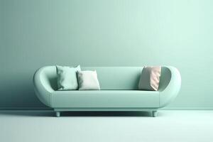 Sanft Blau Sofa auf ein Blau Hintergrund, 3d Illustration, modern minimalistisch Leben Zimmer Innere Detail. Gemütlichkeit, Sozial Medien und Verkauf Konzept, kreativ Werbung Idee, ai generiert Bild. foto