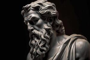 Kopf von griechisch Gott Skulptur, Statue von ein Mann mit lange Bart auf dunkel Hintergrund. ai generativ foto