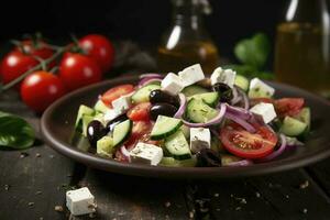 griechisch Salat mit frisch Gemüse, Feta Käse, kalamata Oliven, getrocknet Oregano, rot Wein Essig und Olive Öl. gesund Essen, generieren ai foto
