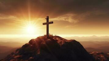 Silhouetten von Kruzifix Symbol auf oben Berg mit hell Sonnenstrahl auf das bunt Himmel Hintergrund, generieren ai foto
