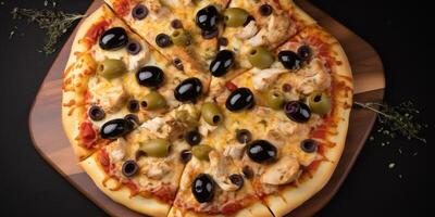 ein Pizza mit Tomaten und Oliven ai generiert foto