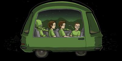 Aliens sind Sitzung im das Auto mit Mann ai generiert foto