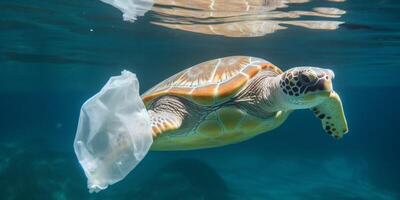 Schildkröte im Wasser mit ein Plastik Tasche auf es ist Mund ai generiert foto