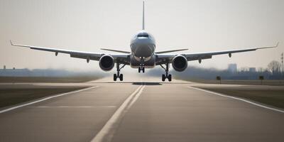 Flugzeug auf ein Runway mit Himmel im das Hintergrund ai generiert foto