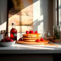 Pfannkuchen mit Himbeeren und gesalzen Karamell im das Küche zum Frühstück, generiert ai foto