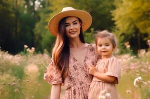 Mutter und Tochter unter das hoch Gras und Wildblumen auf ein gehen auf ein Sommer- Tag, ai generiert foto