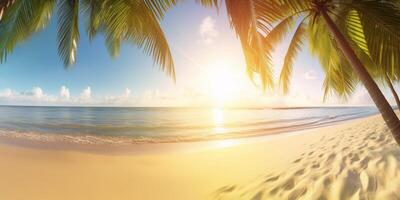 sonnig Sommer- Strand mit Palme Bäume und Meer ai generiert foto