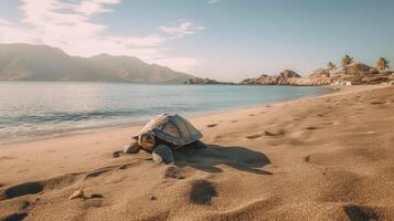 Meer Schildkröte kriechen auf das sandig Strand. Illustration ai generativ foto