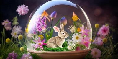 Ostern Hase im Blumen im ein transparent Ei Fantasien ai generiert foto