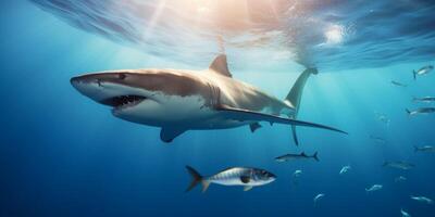 Hai und Fische im das Ozean ai generiert foto