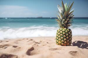 Ananas auf das Sand auf das Strand im Vorderseite von das Meer mit Kopieren Raum. Konzept von Sommer- Feiertage. ai generiert. foto