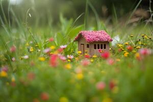 Modell- von ein klein hölzern Haus im das Gras mit Wildblumen. Konzept von Vorort- Gehäuse oder echt Nachlass Verkauf. ai generiert. foto