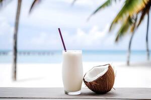 Sommer- Kokosnuss Milch Cocktail mit ein Stück von Kokosnuss auf das Tabelle auf ein tropisch Strand. ai generiert. foto