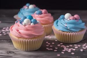 Blau und Rosa Cupcakes auf das Tisch, schließen oben Sicht. Geschlecht verraten Party. ai generiert. foto