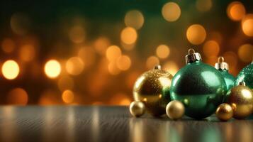 Luxus Weihnachten Hintergrund mit realistisch Gold und Grün Bälle. Illustration ai generativ foto