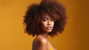 Schönheit Porträt von afrikanisch amerikanisch Mädchen mit afro Haar. Illustration ai generativ foto