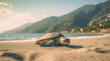 Meer Schildkröte kriechen auf das sandig Strand. Illustration ai generativ foto