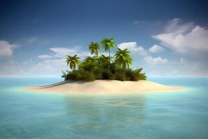 klein tropisch Insel mit sandig Strand und Palme Bäume im das Ozean auf ein sonnig Tag. Reise und Erholung Konzept. ai generiert. foto
