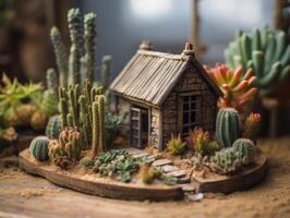 Fantasie Miniatur Zuhause Blumen Sukkulenten und Kaktus im das Garten erstellt mit generativ ai Technologie foto