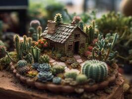 Fantasie Miniatur Zuhause Blumen Sukkulenten und Kaktus im das Garten erstellt mit generativ ai Technologie foto