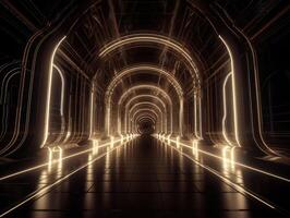 abstrakt futuristisch Tunnel Gang mit glühend Beleuchtung und Reflexionen Wissenschaft Fiktion Stil erstellt mit generativ ai Technologie foto