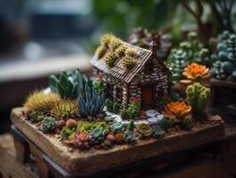 Fantasie Miniatur Zuhause Blumen Sukkulenten und Kaktus im das Garten erstellt mit generativ ai Technologie foto