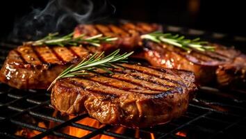 gegrillt Schweinefleisch oder Rindfleisch Steaks ai generativ foto