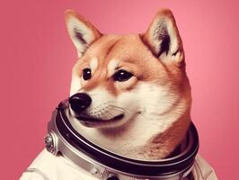 Shiba inu Hund im Astronaut passen und Helm auf Rosa Hintergrund erstellt mit generativ ai Technologie. foto