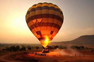 heiß Luft Ballon auf das Boden Landung oder beginnend zu starten mit unkenntlich Menschen, ai generiert foto