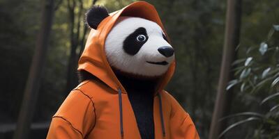 Panda mit Orange Jacke und Kapuzenpullover ai generiert foto