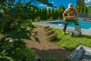 Landschaftsbau Arbeiter Installation frisch Rasen gemacht von natürlich Gras foto