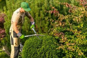 kaukasisch Gärtner Trimmen Garten Pflanzen foto