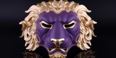 Löwe Gesicht Maske Verschmelzung dunkel lila ai generiert foto