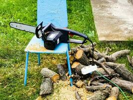 elektrisch Kette sah und gesägt Holz während saisonal Arbeiten im das Garten und Schneiden Bäume zum Brennholz. foto