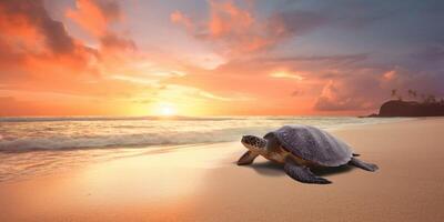 Schildkröte auf das Strand beim Sonnenuntergang ai generiert foto