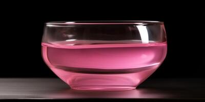 klein Glas Schüssel mit Rosa Flüssigkeit ai generiert foto