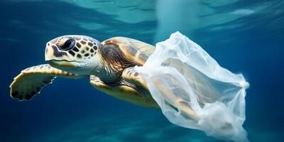 Schildkröte im Wasser mit ein Plastik Tasche auf es ist Mund ai generiert foto