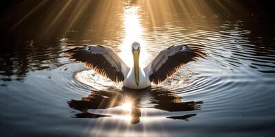 Pelikan steht Über das Wasser ai generiert foto