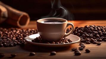 Kaffee Bohnen und ein Tasse von schwarz Kaffee auf ein hölzern Tabelle Illustration ai generativ foto